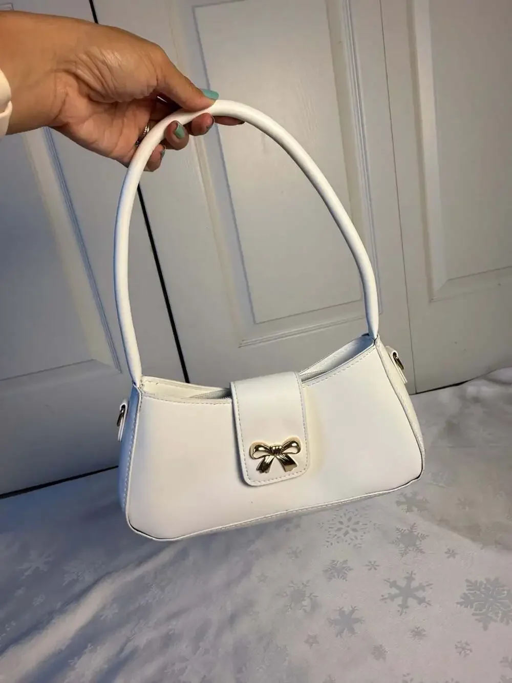 Y2K White Baguette Shoulder Bag Gold Bow Coquette Girly Balletcore Purse